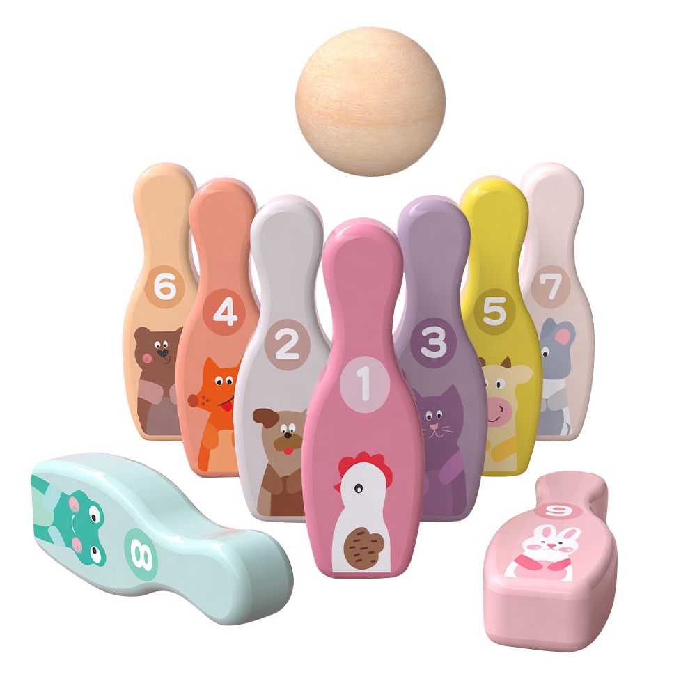 Kids Wooden Cartoon Animal Bowling Pins Balls Sport Toy Indoor Interactive Game