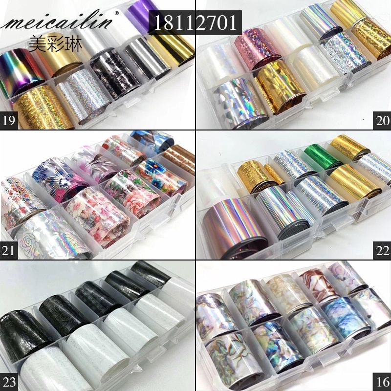 10 Design/set 2.5*100cm DIY Holographic Transfer Foil Nail Art Stickers Starry Paper AB Metal Color UV Gel Wraps Adhesive Decals