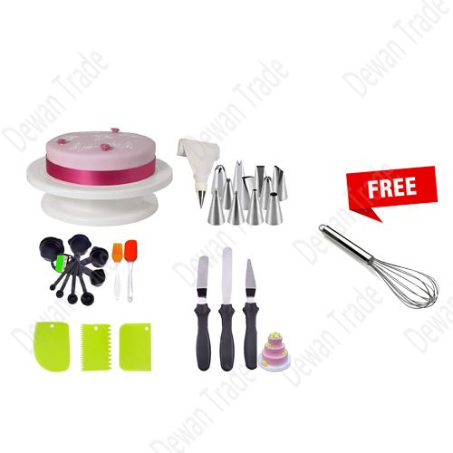 6items Set+stainless steel hand mixer free-(1)Cake turn table 28 cm,(2)3pcs cake plate butter knife set,(3) 12pcs nozzle with paiping bag  (4) 2pcs silicon brush & spatula set (5)3pcs scraper set(6)  8pcs black mesurment cup set