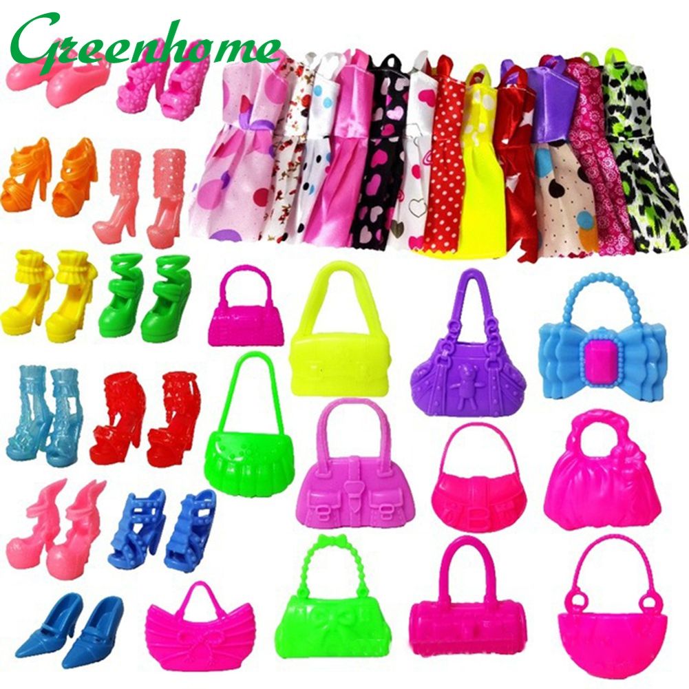 Greenhome 30Pcs Kids Children Girl Toy Play House Doll Clothes Skirt Bags Heels Shoes Gift