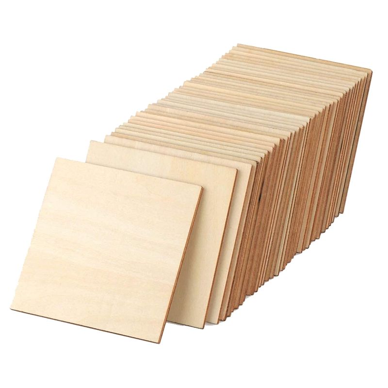 Unfinished Wood Pieces 50 Pcs 4 Inch Square Blank Wood Natural Slices outs for DIY Crafts Painting Staining