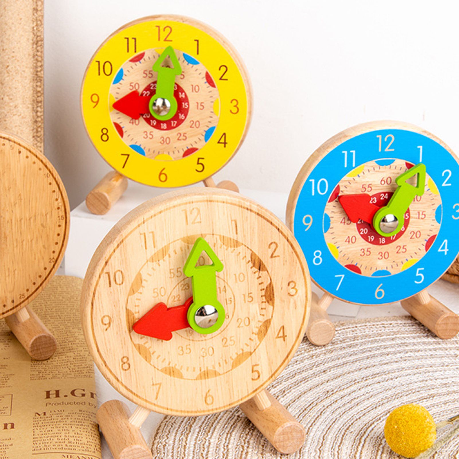 Wooden Clock Non-fading Educational Colorful Round Shape Wooden Clock Toy for Children