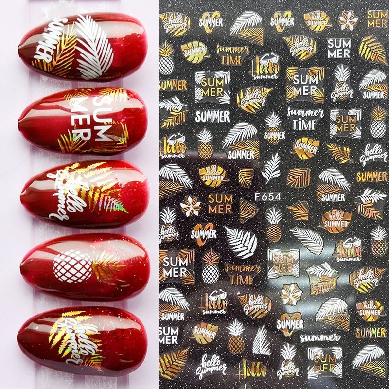 1PC Leaf 3D Nail Art Stickers Summer Beach Adhesive Black White Slider Maple Leaves DIY Tip Decor Decal
