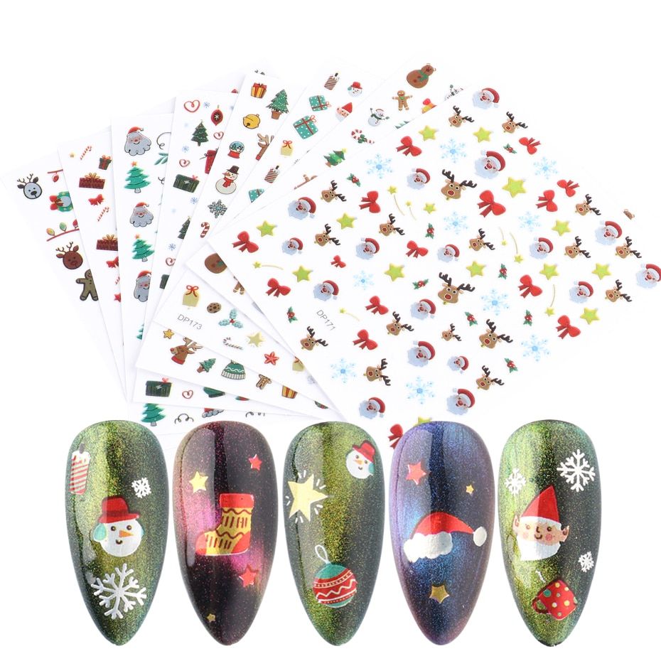 Laser Christmas 3D Nails Art Sticker Santa Snowman Slider Adhesive Decals Nail Art Decorations Manicure Designs Tool GLDP171-178