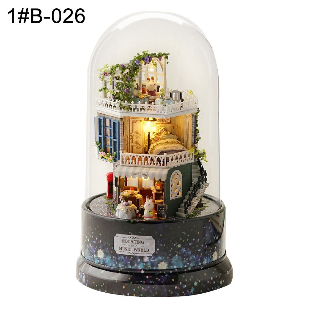 DIY Miniature Dollhouse Wooden Mini House Toy Rotate Music Box with Dust Cover