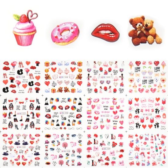 12pcs Heart Valentine Nail Stickers Decals Love Letters Nail Art Water Transfer Sliders Foils Decorations Manicure TRBN1717-1728