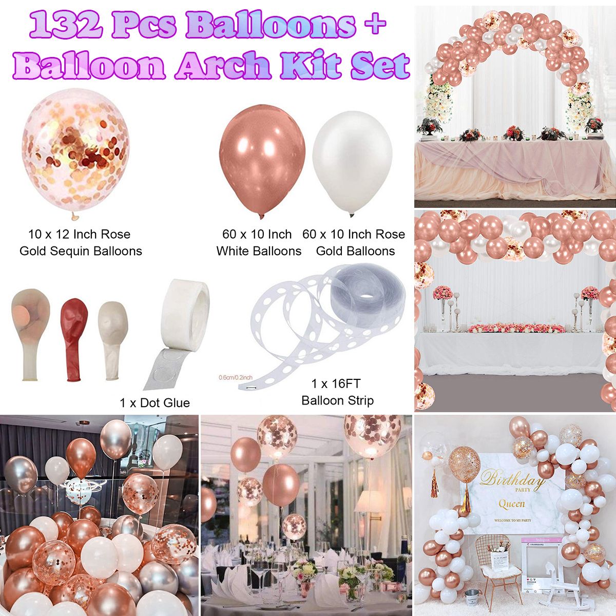 132 Pcs Rose Balloons and Arch Kit Set Chrome Macaron Baloons Wedding Garland -