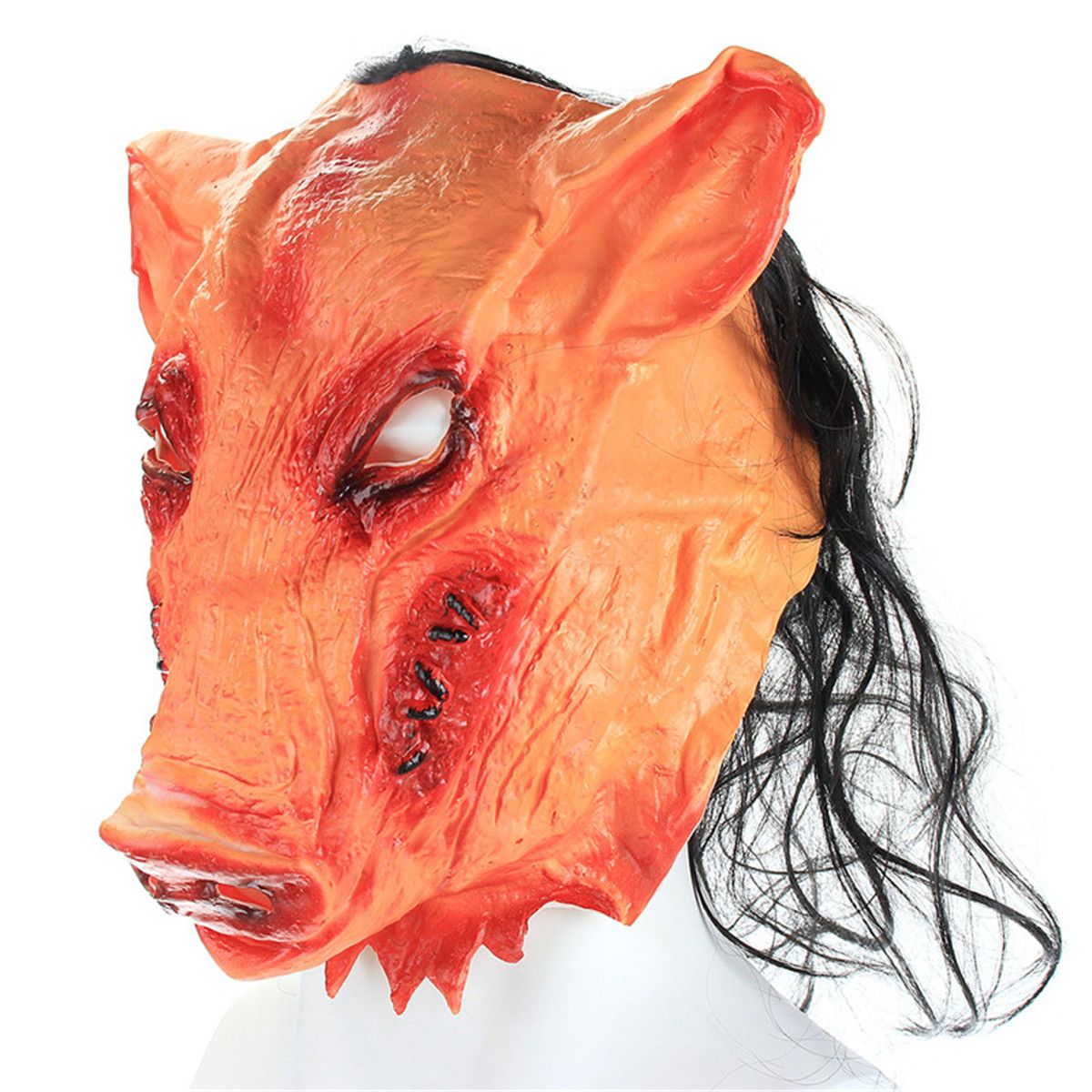 Toys for FUN· Halloween Creepy Animal Prop Latex Party Unisex Scary Pig Head Mask+Hair Cosplay