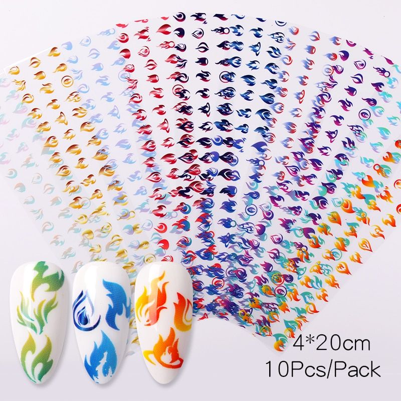 Fire 3D Holographics Nail Stickers Slider Gold Sliver Nail Art Foil Decals Manicures DIY Nail Art Decorations Decor Tool