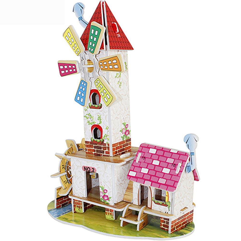 DIY 3D House Castle Windmill Model Assembling Puzzles Early Learning Kids Toy