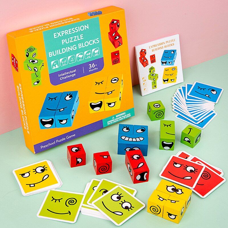 Children Learning Education Toys Expression Puzzle Building Blocks Party Board Game Wooden Magic Changing Gifts for Kids