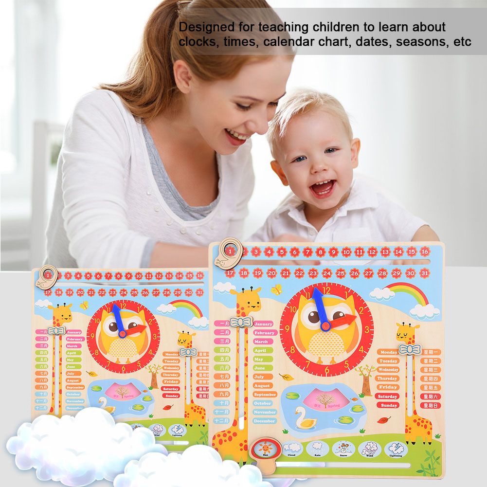 Educational Wooden Clock Toy baby Date Calendar Chart Preschool Learning Props develop kid's recognition of colors clock times