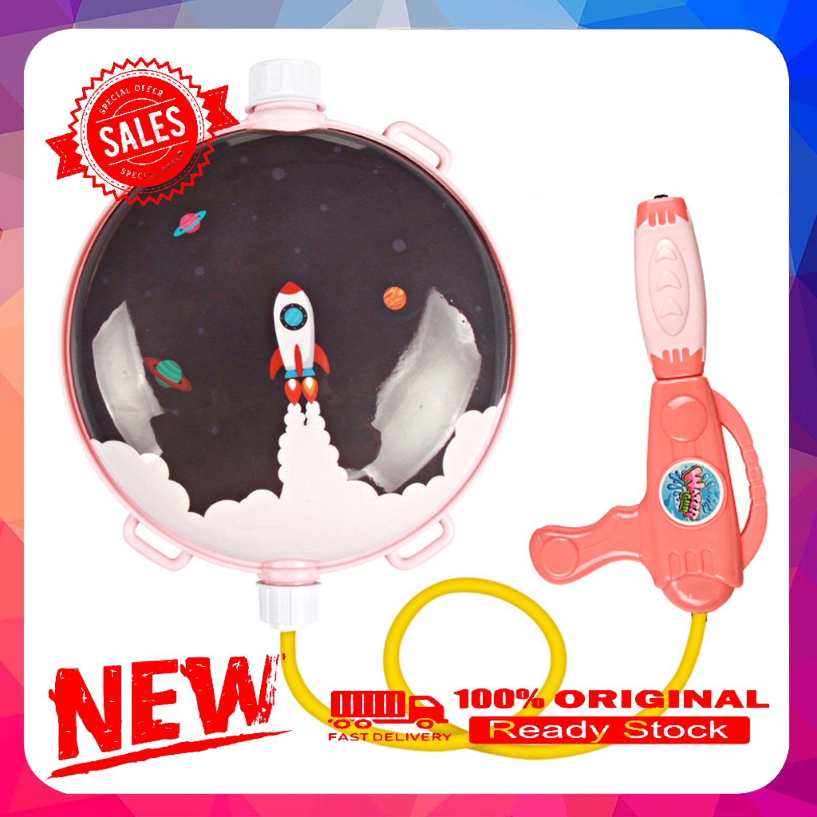 1L Pulling Type Water Spray Backpack Adjustable Shoulder Straps Plastic Doughnut Pattern Water Fight Toy for Swimming Pool