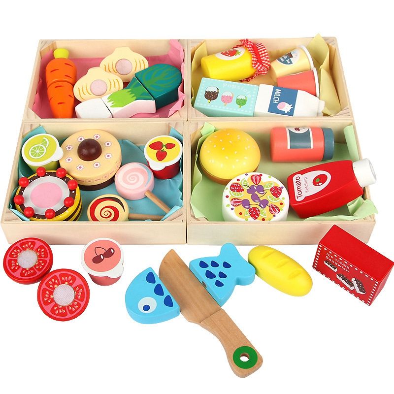 Wooden Simulation Food Kitchen Combination Cutting Toy Set Kids Dessert Cooking Pretend Play Puzzle Toys - Snacks