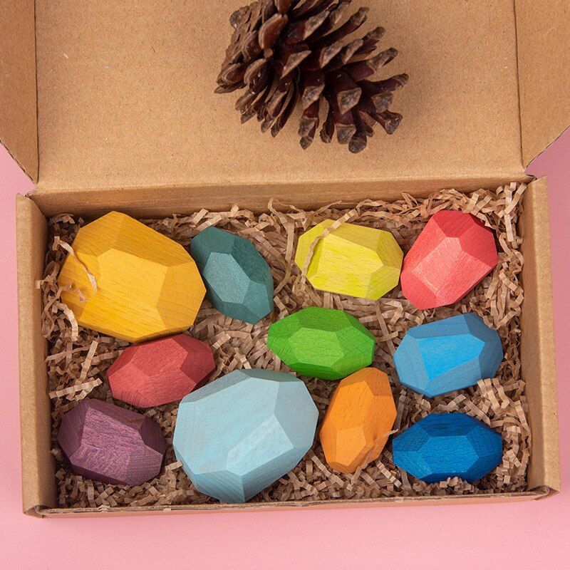 Children creative Wooden Colored Stone Jenga Building Block rainbow stacker Blocks stacking game Nordic wooden toy