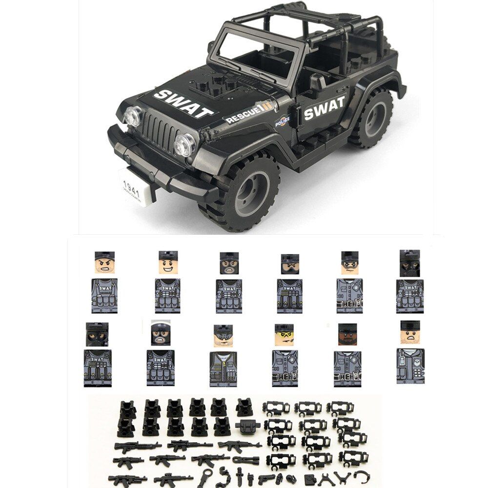 Black Jeep Soldier SWAT Military Army Car Team Special Forces Building Blocks Bricks Figures Learning Toys for Boys Gift Set