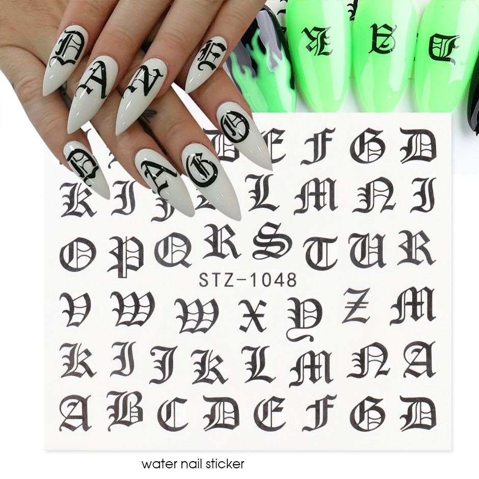 3D Nail Art Stickers Gothic Letter Black Gold Cool Design Alphabet Adhesive Slider Nail Inscription Manicure Decoration CHXF3262