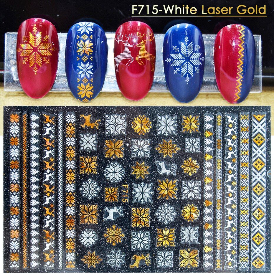 Winter Slider Design Nail Stickers White Gold New Year Snow Geometry Words Leaf Decals Nail Art Decoration Manicure BEF712-719-1