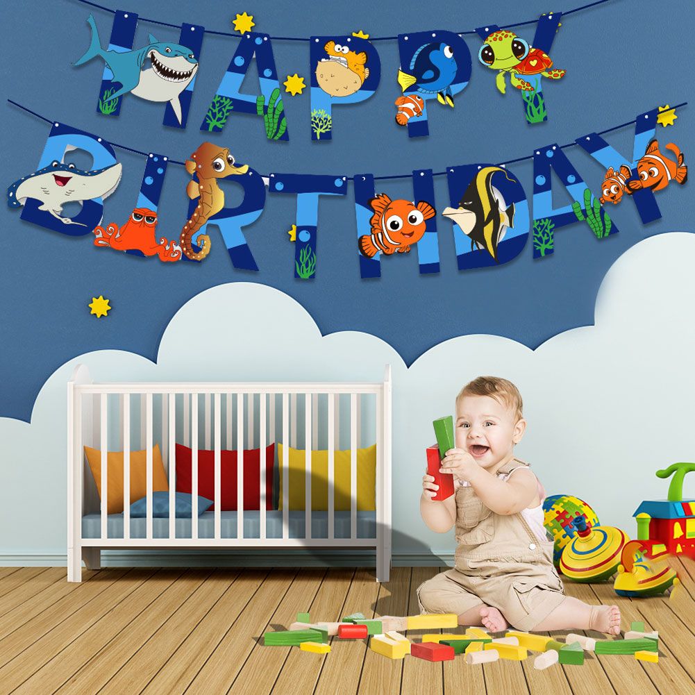 Marine Theme Paper Flags Banner Nemo Shark Cartoon Animal Cartoon Happy Birthday Letter To Pull The Flag Garland