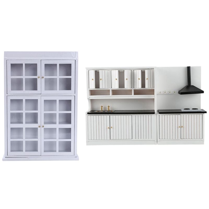 1/12 Dollhouse Miniature Furniture Dining Cabinet Display Shelf with 1:12 Dollhouse Miniature Furniture Kitchen Set