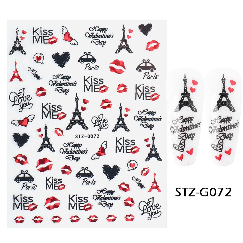 Valentine Nail Decoration Red Love Heart Rose Leopard Stickers for Nails Laser Romantic 3D Decals Wraps Manicure CHSTZG068-085