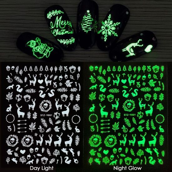 3D White Snowflakes Nail Stickers Glowing in Dark Luminous Nail Art Decals Adhesive Slider Transfer Foils Decoration STZY001-009