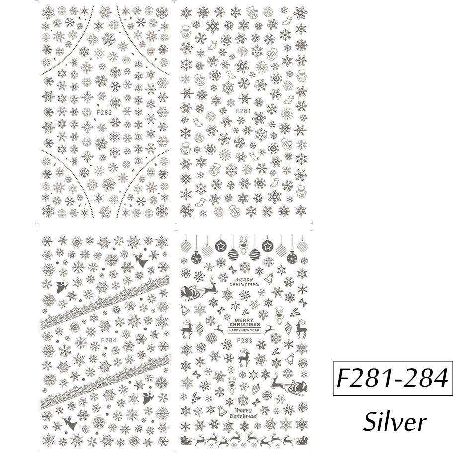 3D Snowflake Stickers For Nails Gold White Elk Snowman Sliders Manicure Christmas Winter Nail Art Decoration Adhesive LEF281-284