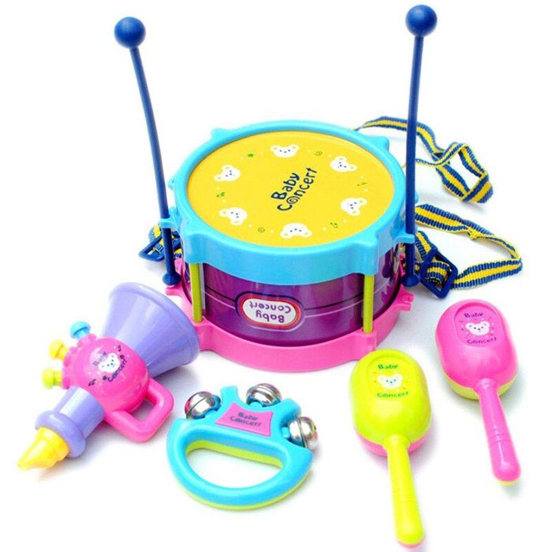 5pcs Multicolor Educational Baby Kids Roll Drum Musical Instruments Band Kit Children Toy Baby Kids Gift Set