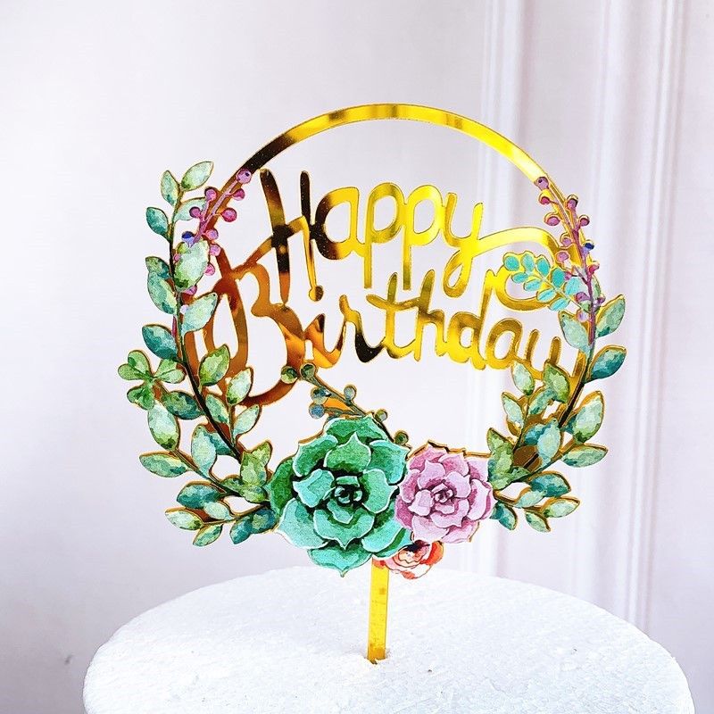 Happy new year toppers for cake Happy Birthday flower cake topper design 2021 Party Acrylic Gold cupcake toppers decor