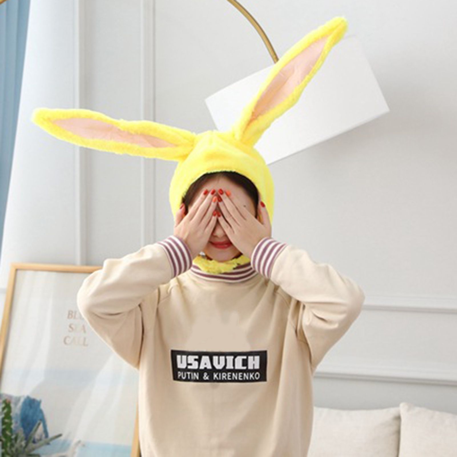Greenhome Bunny Ears Hat Hook Loop Closure Photo Props Plush Hood Hat With Earflaps for Party