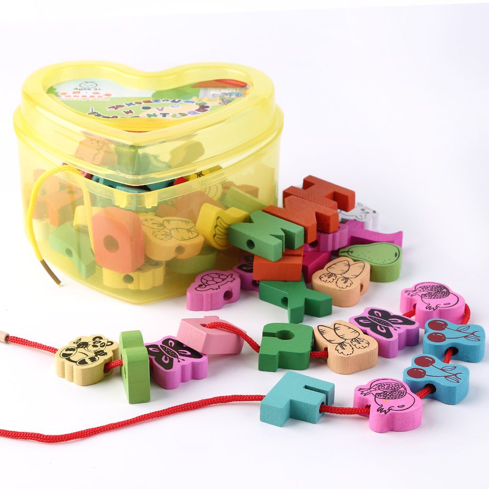 Wooden Lacing Beads Animals Blocks Heart-Shape Box Threading Educational Toy - multicolor