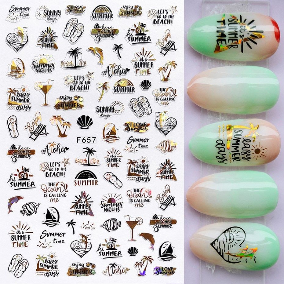 Holographic Laser Silver Glitter Nail Sticker Leaves Letter Self Adhesive Slider Black White Leaf Polish Decoration SAF654-661-1