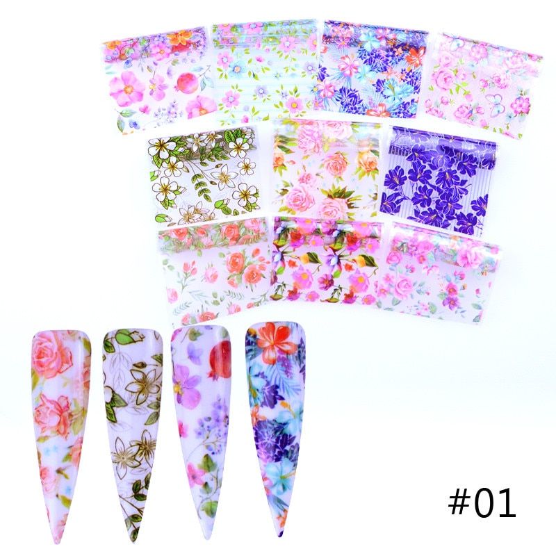 10pcs Colorful Flowers Stickers On Nails Foil Transfer Starry Sky Summer Sliders For Manicure Nail Art Decals Decoration