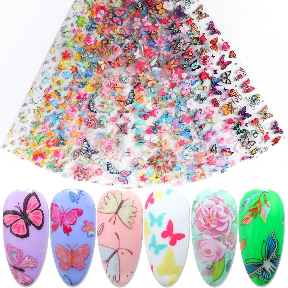 10pcs Butterfly Unicorn Cartoon Nail Foil Colorful Flower Sticker Ice Cream Heart Summer Transfer Slider Nai Decoration SA1803