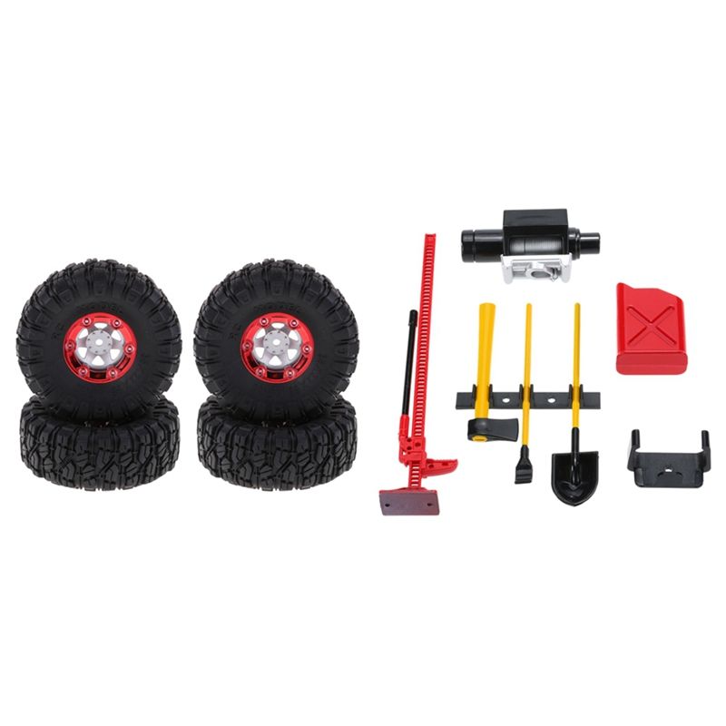 1 Set Luggage Rack Winch Shovel Fuel Tank Ax Decoration & 4 Pcs 1:12 RC Truck Crawlers 100Mm Rubber Tires Tyres