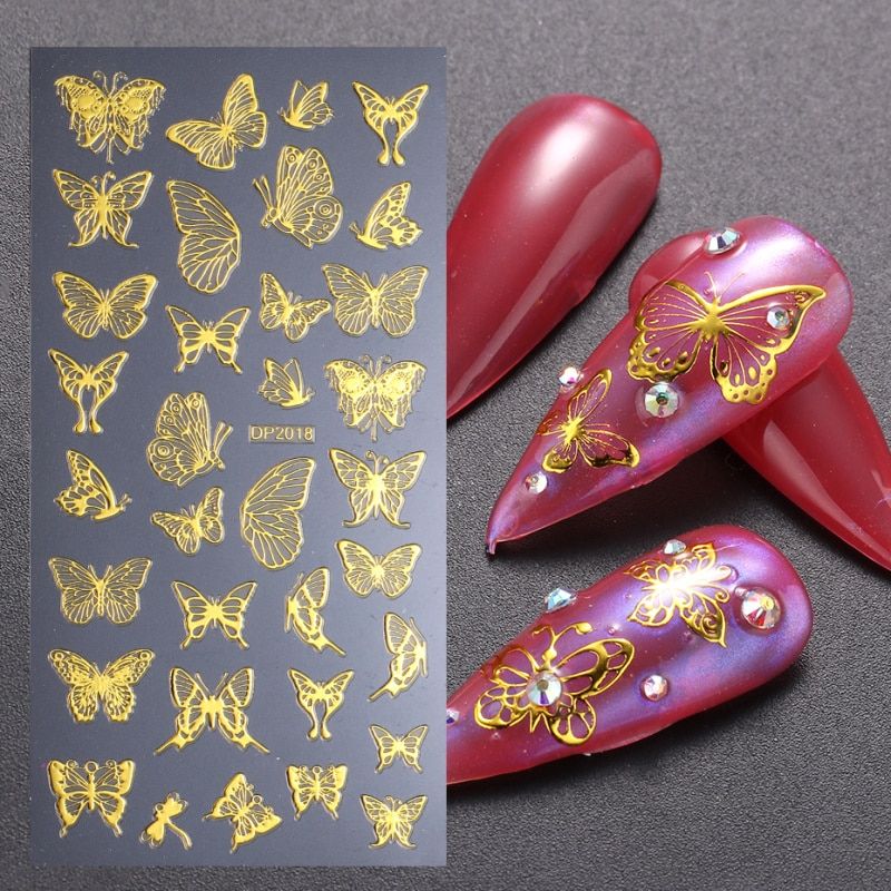 3D Nail Stickers New Year Manicure Sliders Holographic Snowflakes Butterfly Adhesive Decals Gold Sliver Foil Wraps NFDP2013-2024