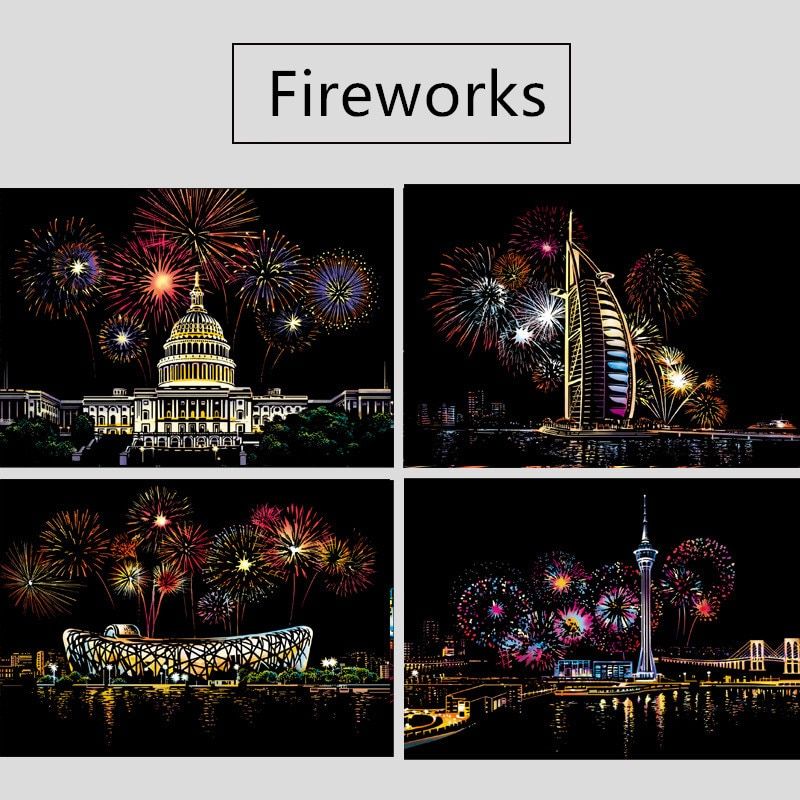 21*29cm 4PC Travel Series A4 City Night Scene Scratch Painting Card Kids decompression Handmade DIY Gifts Creative Drawing Toys