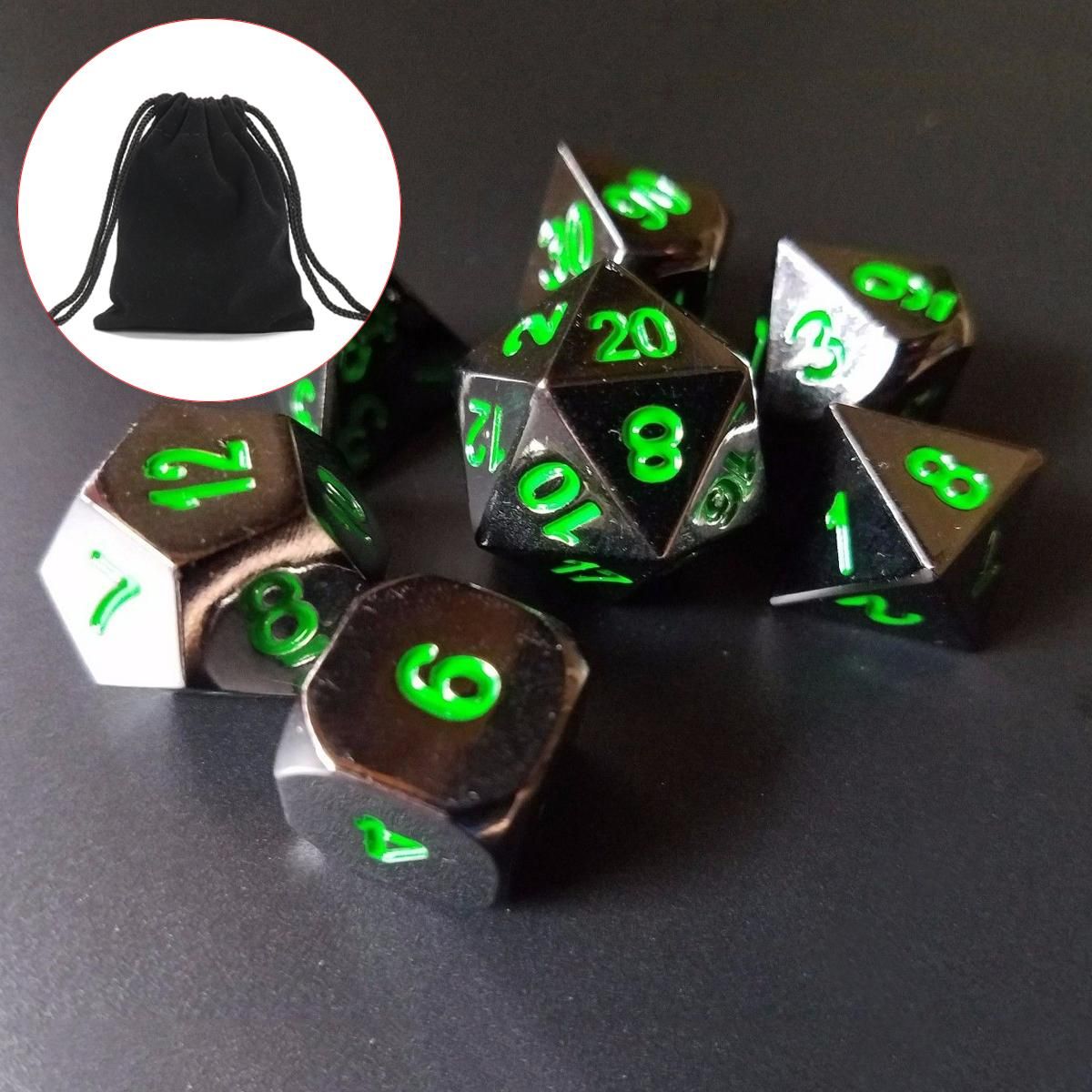 7PCS Metal With Bag Red & Black Numbering Dice For RPG MTG DnD Board Game D20