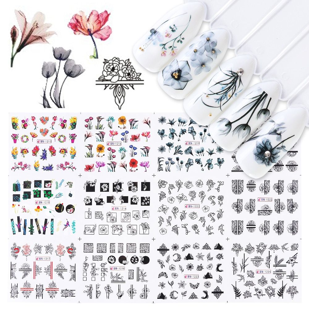 12pcs Flower Autumn Leaf Nail Stickers Set Water Decals Grandient Watercolor Floral Butterfly Slider Polish Nail LYBN1465-1476-1