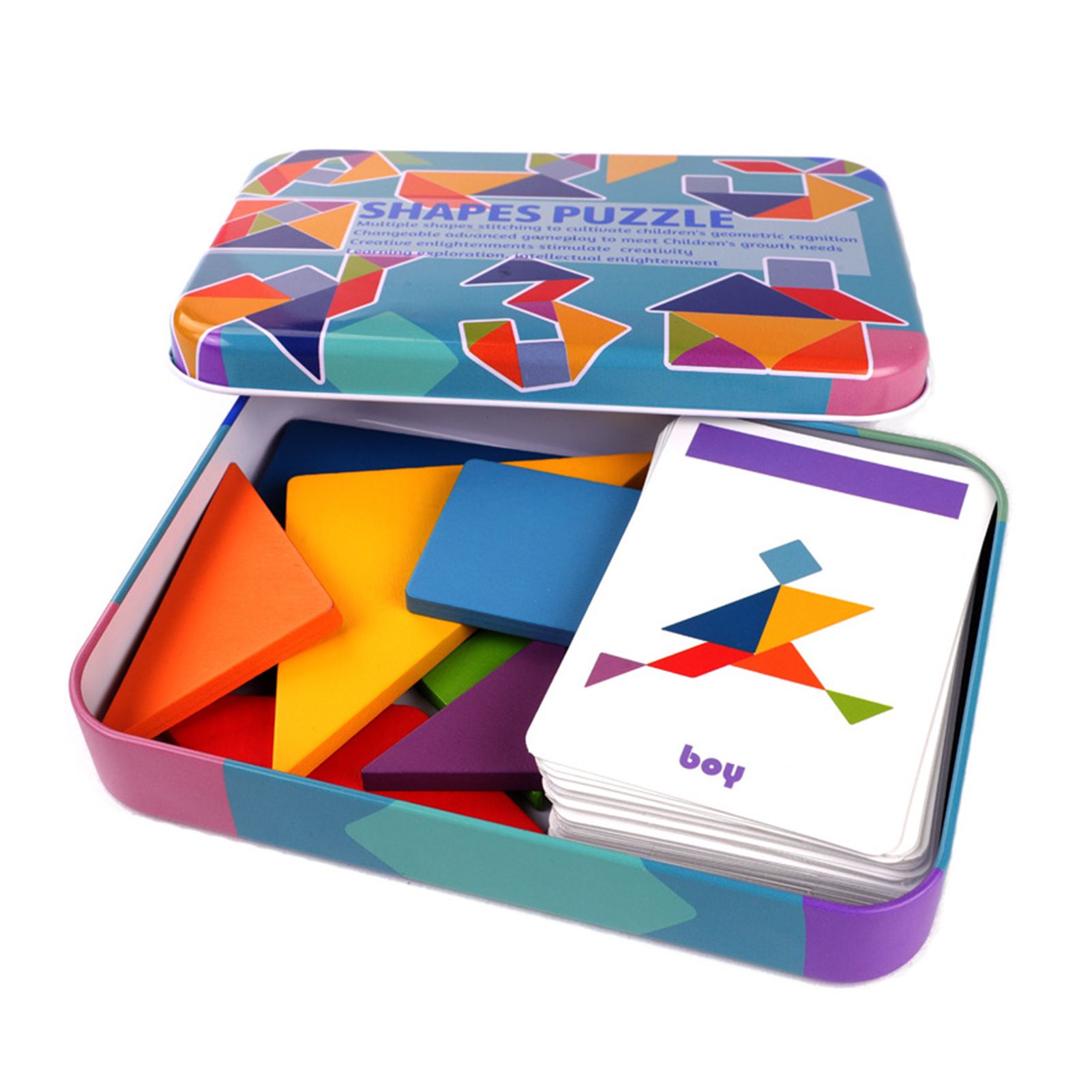 1 Box Tangram Puzzles Multi-colored Decorative Early Education Toy Wooden Pattern Blocks Jigsaw Puzzle for School