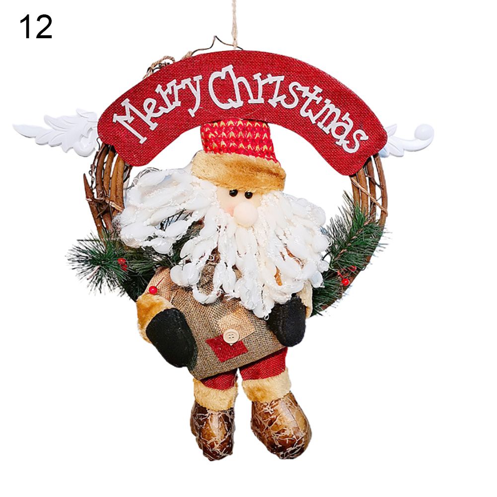 Santa Claus Snowman Wood Rattan Floral Hoop Pendant Christ Home Door Decor
