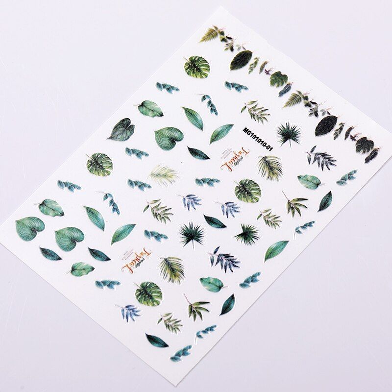 1 Sheet 3D Nail Sticker Summer Simple Green Design Tropical Flowers And Leaves Nail Art Transfer Sticker Slider Decorations