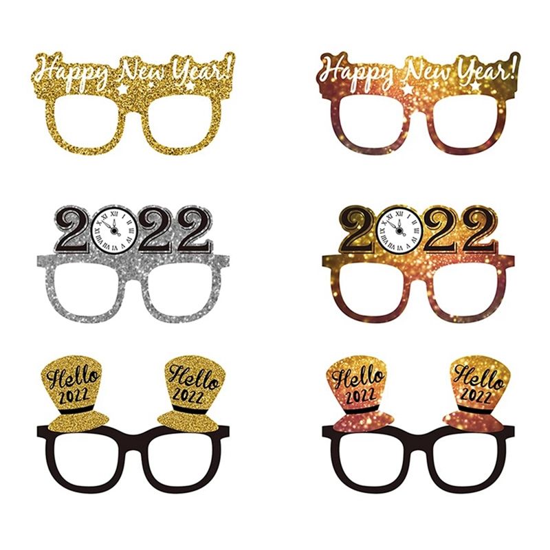 JAERBEE 6Pcs Happy Year Star Hat Glitter Glasses Frame Photo Props Year Eve Festive Party Eyeglasses Christmas Decor