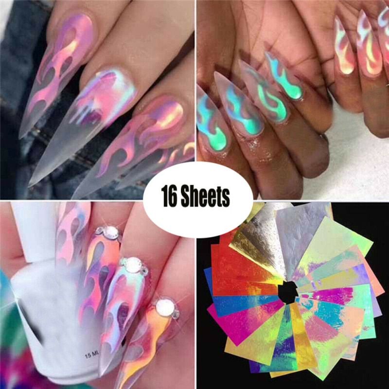 ELECOOL 16Pcs Holographic Fire Flame Hollow Stickers Nail Art Stickers Thin Laser Silver Stripe Sticker DIY Foil Decal Sticker