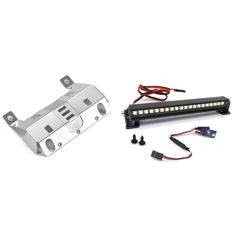 2 Set RC Car Part: 1 Pcs Chassis Armor Front Bumper Protector Plate & 1 Set LED Roof Lamp Bar with Conversion Cable