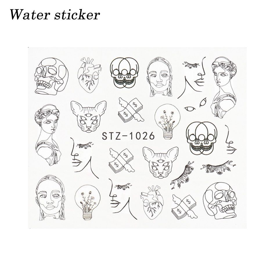 Bronzing 3D Nail Stickers Human Face Abstract Rose Flower Nail Art Decoration Black Gold Foil Slider Manicure Tips JICB196-203-3