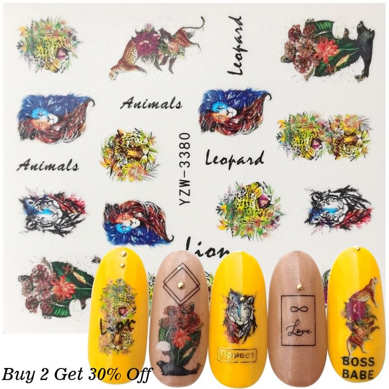 Wolf Nail Art Sticker Water Decal Slider Flower Elephant Leopard Tiger Animals Series Transfer Manicure Nail Art Decoration