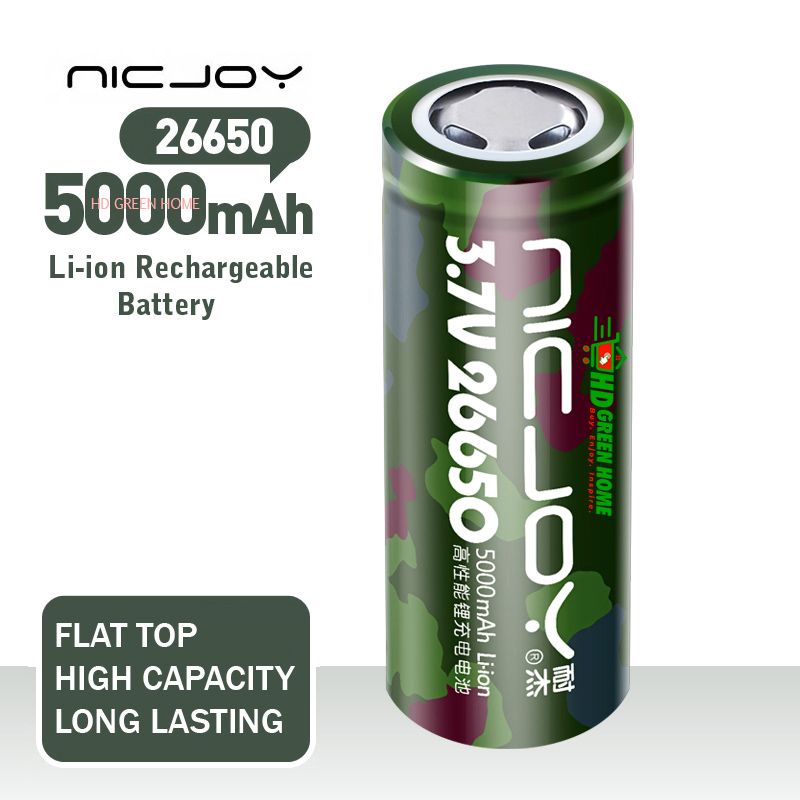 NICJOY Flat Top 26650 5000mAh 3.7V Li-ion Battery 26650 Rechargeable Lithium ion Battery
