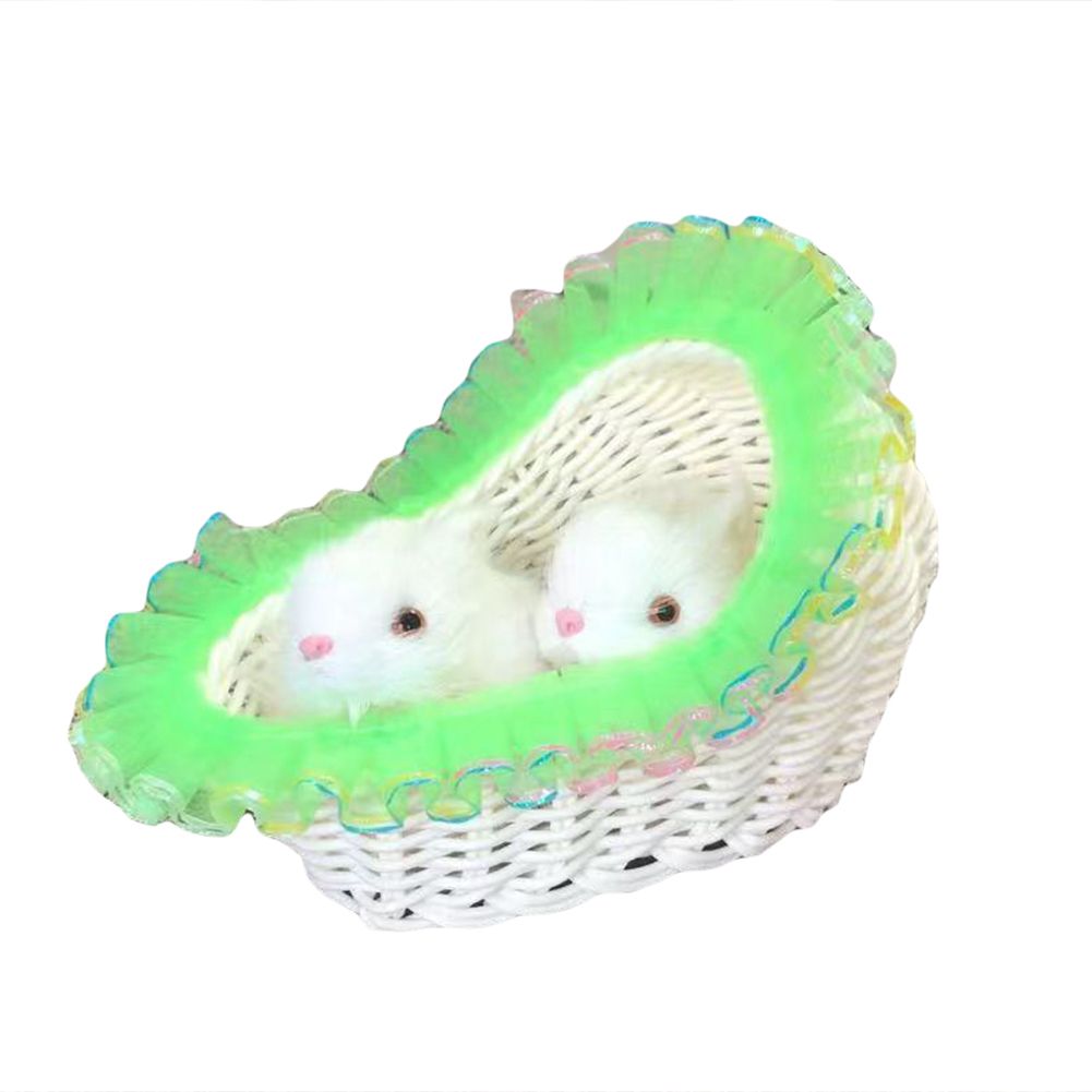 Realistic Furry Double Rabbit Figurine Sitting in Basket Home Table Decoration