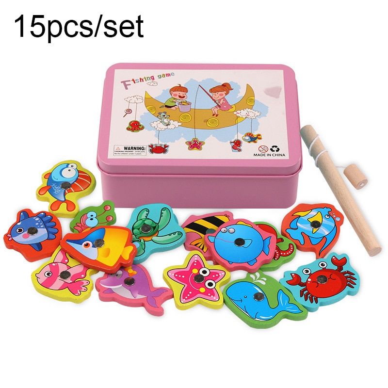 15Pcs/Set Wooden Magnetic Fishing Toys Game Educational Kids Fishing Toys AN88